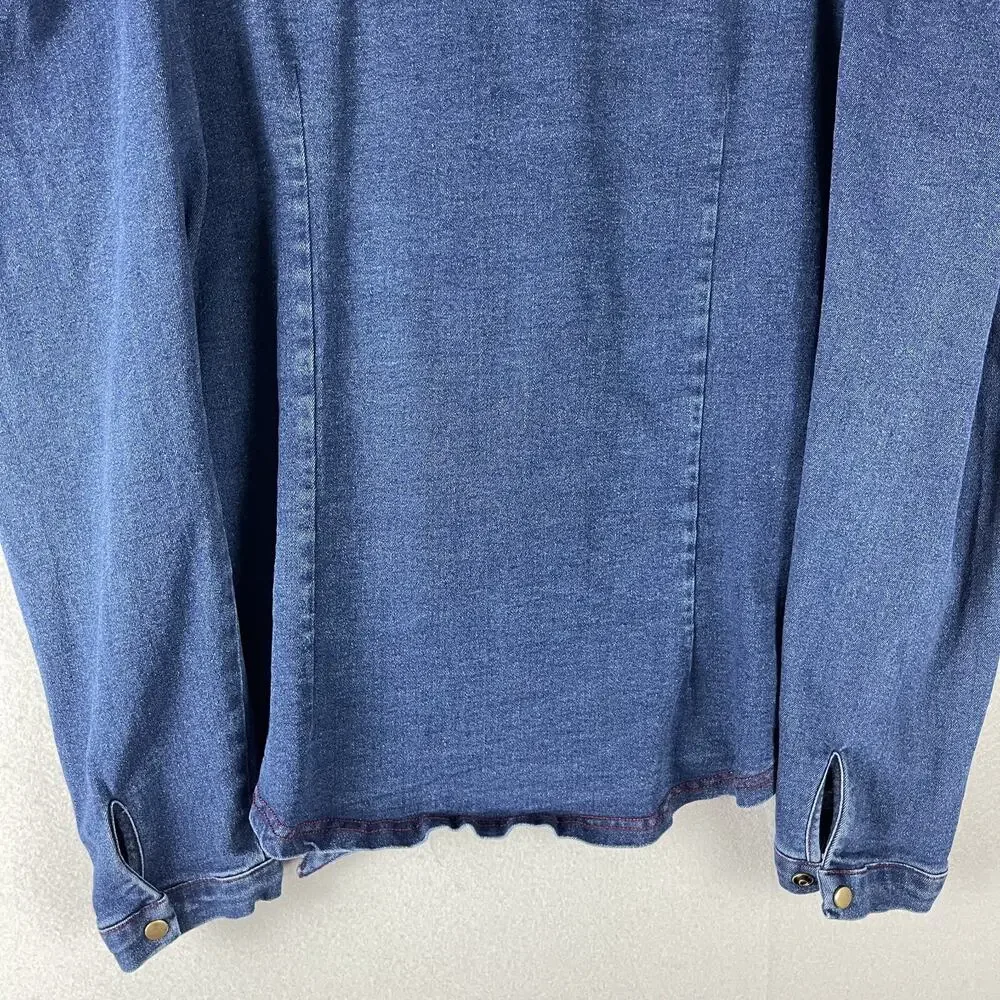 Aaron & Amber Denim Top Womens Large Blue Puff Sleeve Tie Neck Snap Button Heavy - Picture 13 of 16